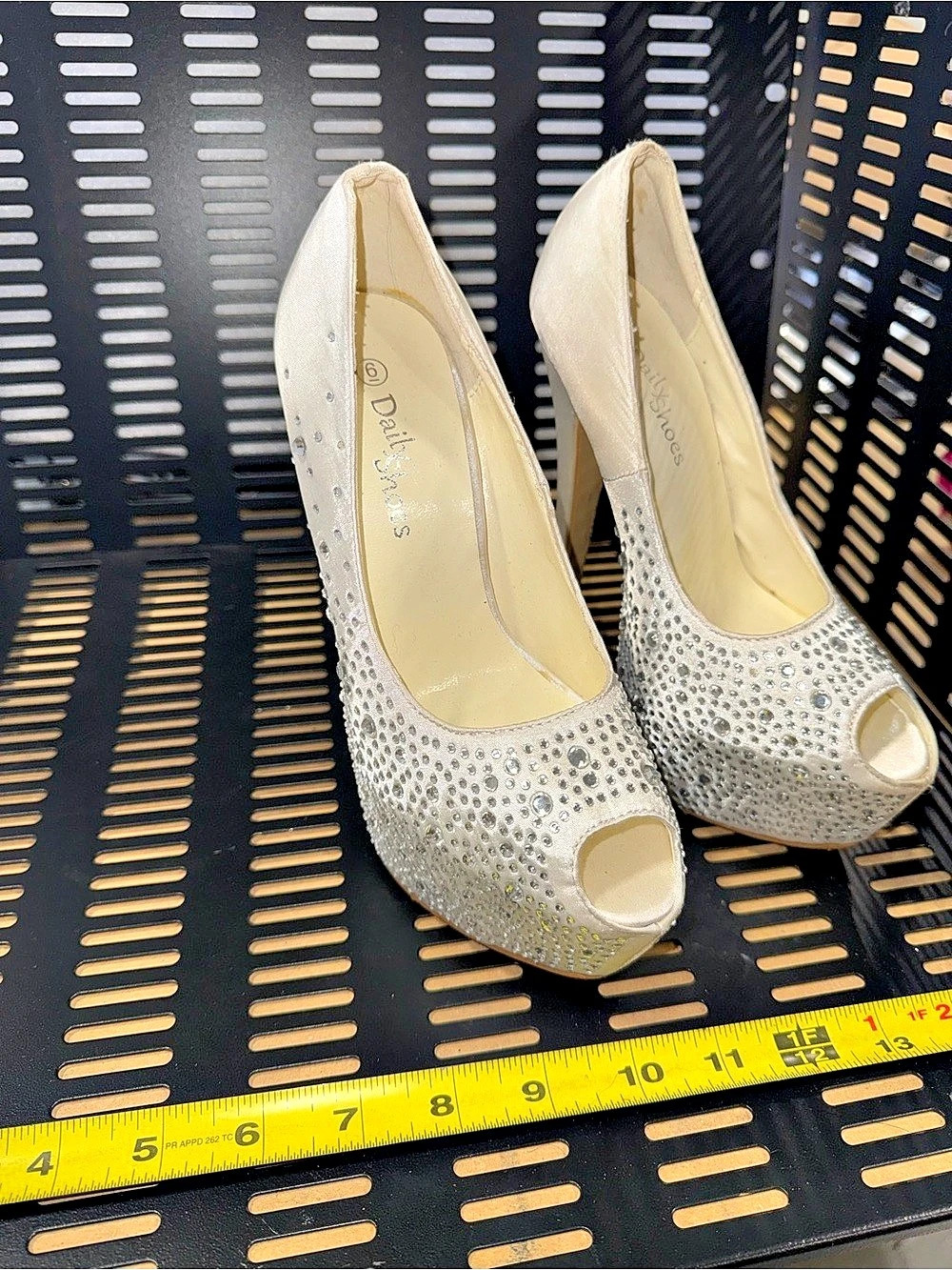 David's Bridal Embellished Peep Toe Heels in Silver